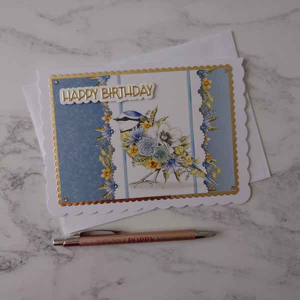 Happy Birthday Blue Tit Bird Flowers 3D Luxury Handmade Card