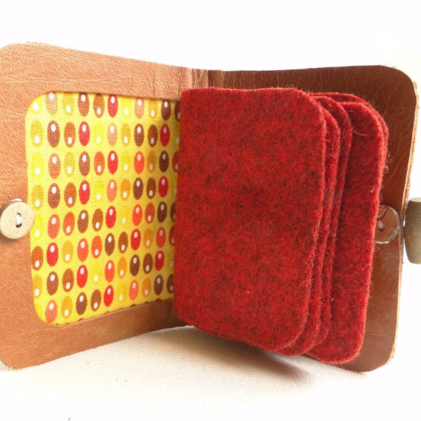 Retro Fabric Needle Case - Brown Leather Needle Book - Sewing Gift