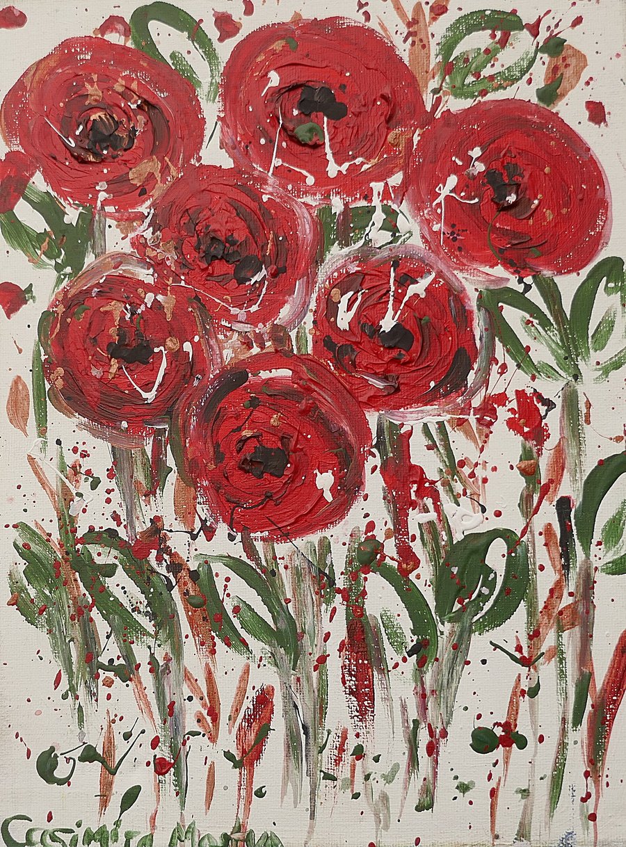  Red Poppy Flowers  2 Absract acrylic painting on canvas 9" x 12"