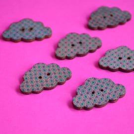 Wooden Cloud Buttons Lilac, Pink, Blue, Purple 6pk 30x20mm (CD6)