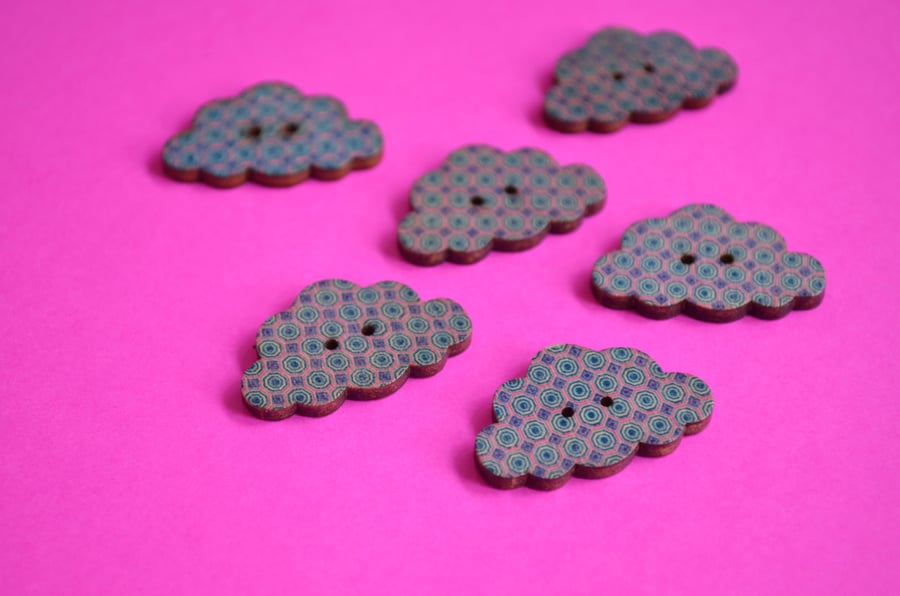 Wooden Cloud Buttons Lilac, Pink, Blue, Purple 6pk 30x20mm (CD6)