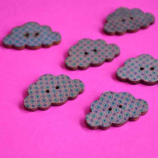 Wooden Cloud Buttons Lilac, Pink, Blue, Purple 6pk 30x20mm (CD6)