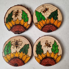4 Matching sunflower and bee pyrograpy art coaster set cup matts