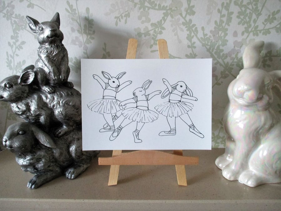 A5 Print Bunny Rabbit Cartoon Ballerina Ballet Bunnies Monochrome Picture Art