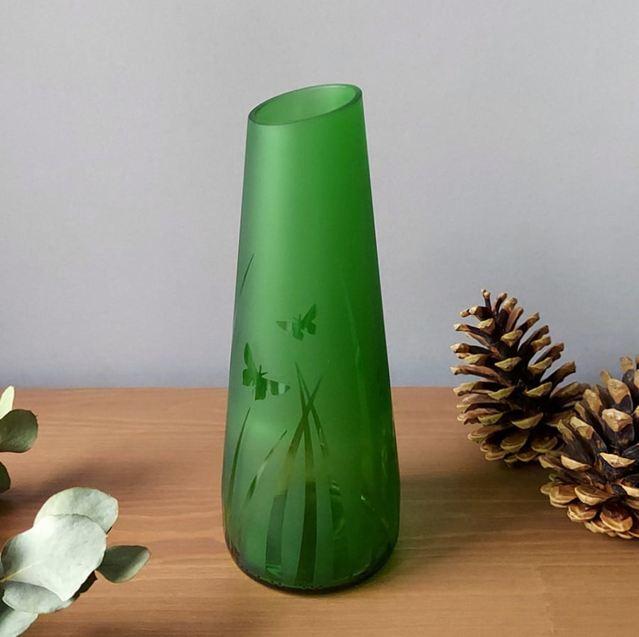 Green Glass Vase, Upcycled Bottle Vase