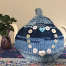 Knitted heart Tea Cosy-  ombré blue shade fits a 6cup pot