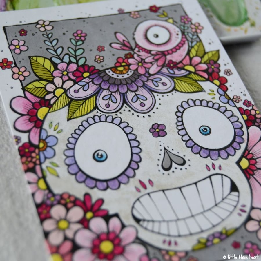 floral skull, bird and blooms - original aceo