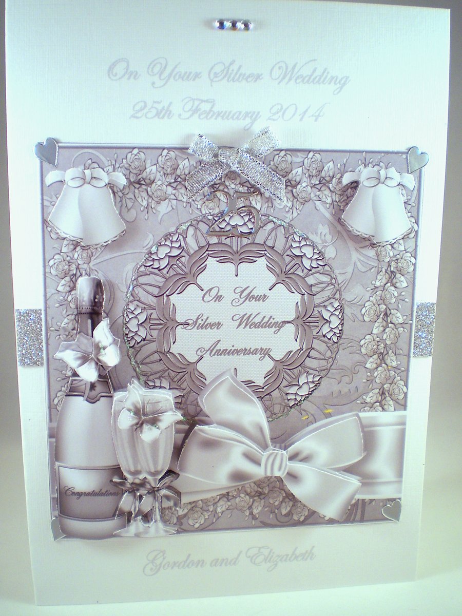 Handmade Silver Wedding Anniversary Personalised 3D Card