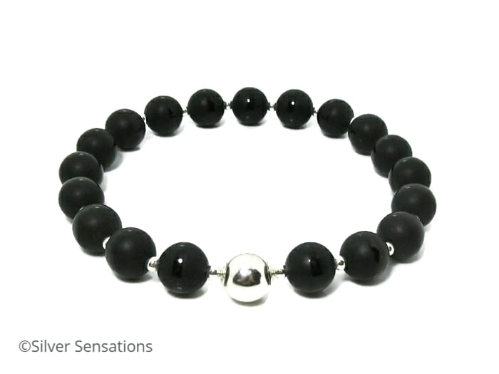Frosted Black Onyx Stripe Beads & Sterling Silver Handmade Beaded Bracelet