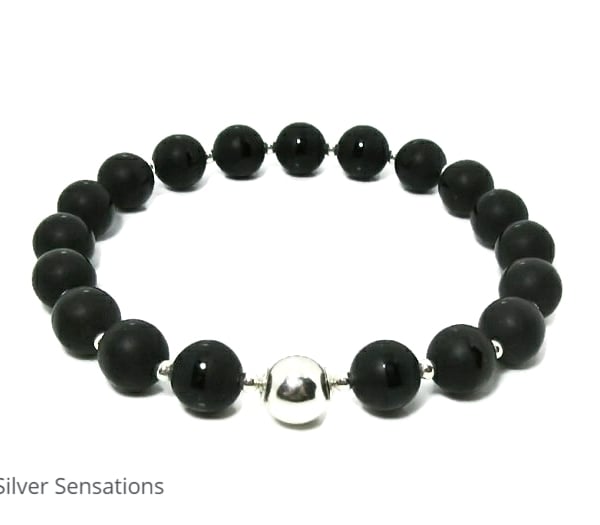 Frosted Black Onyx Stripe Beads & Sterling Silver Handmade Beaded Bracelet