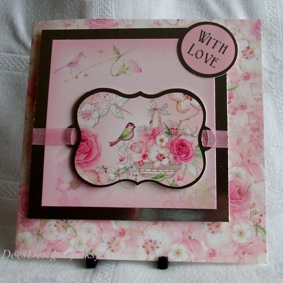 Handmade All Occasion Card, Birds with Pink Roses