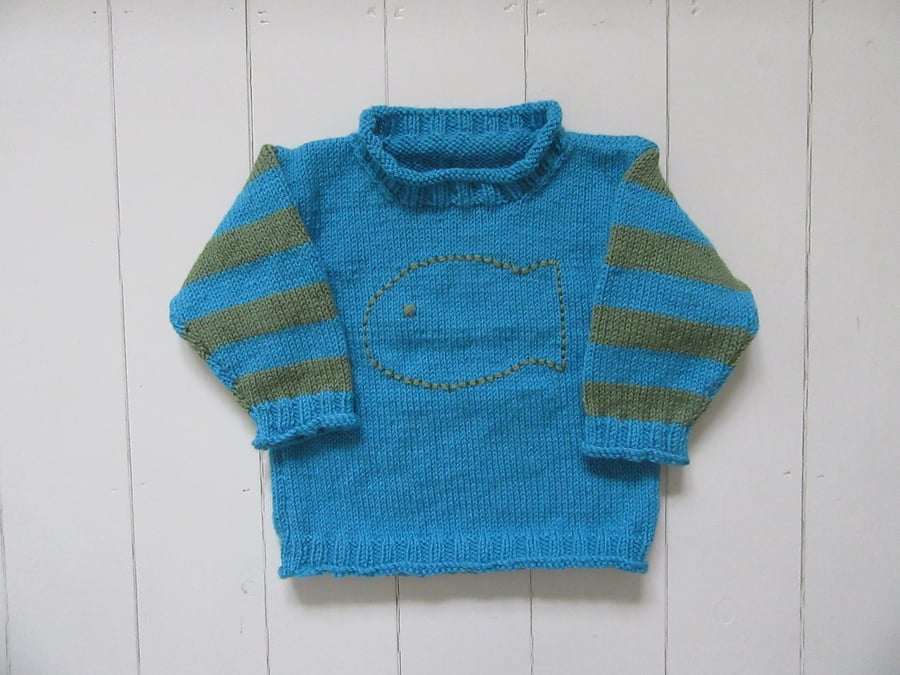 Hand knitted childrens turquoise blue big fish jumper 2yrs