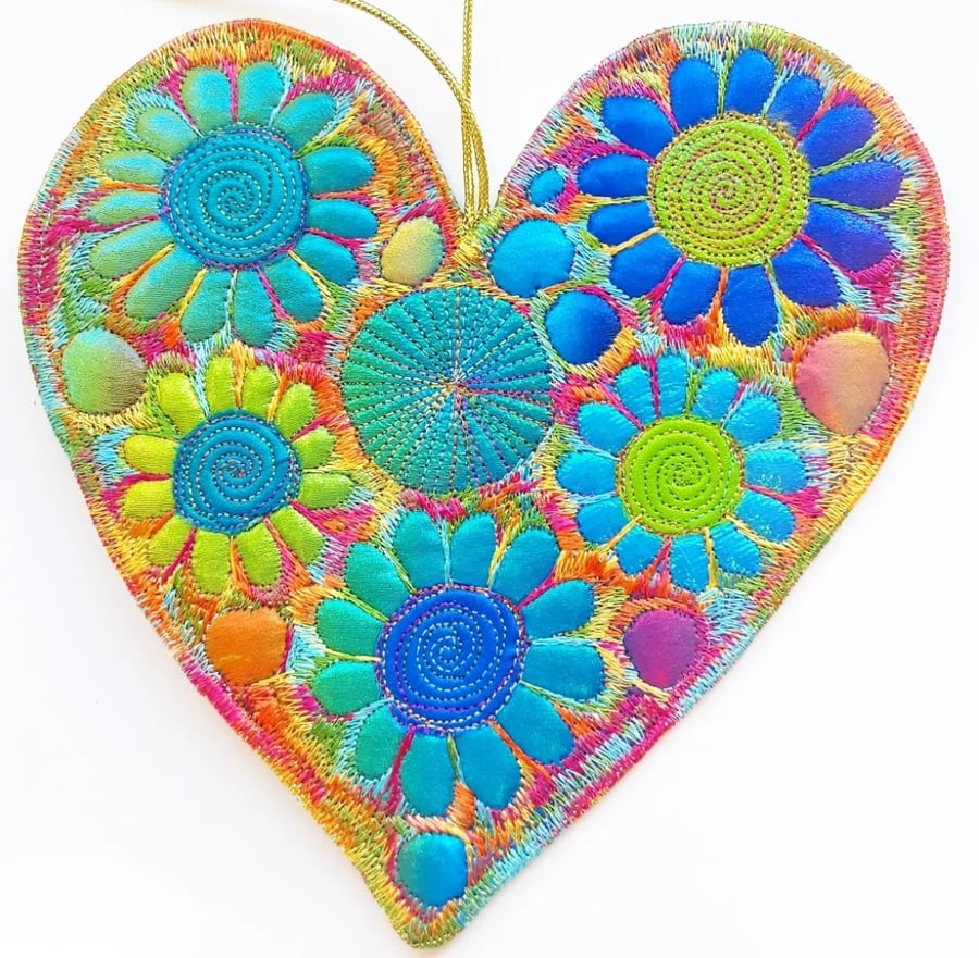 Textile Heart Hanging Decoration with Free Machine Embroidery 