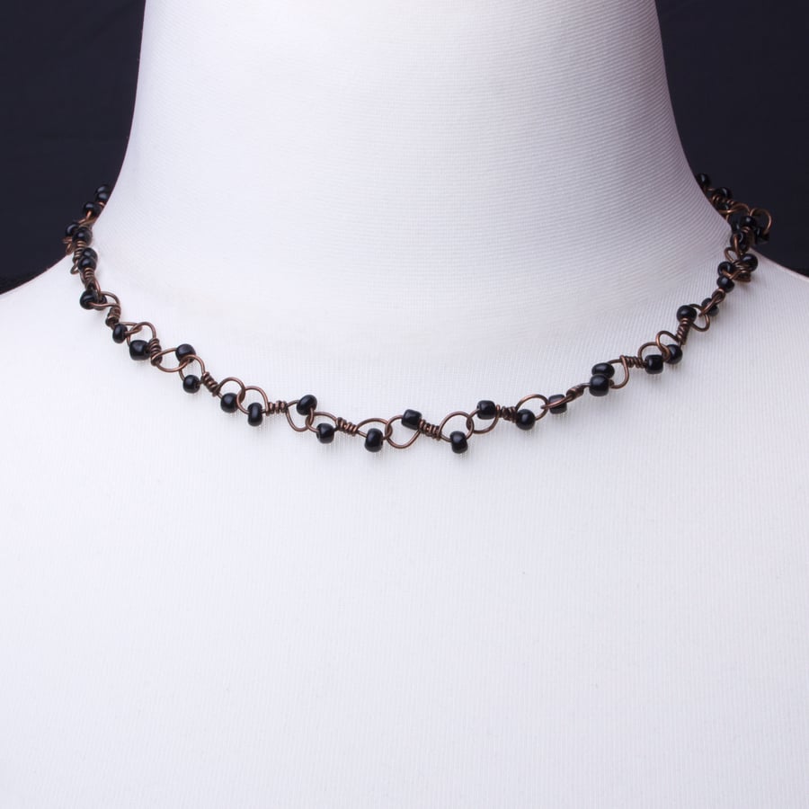  Copper chain necklace - Unique oxidised loop and black bead necklace chain