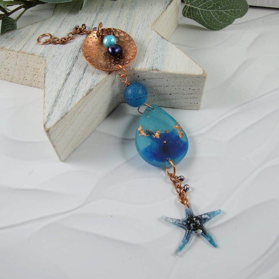 Starfish Hanging Decoration, Copper with Bio Resin, Agate and Pearls Suncatcher