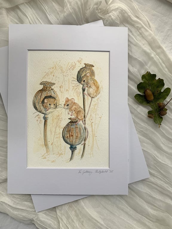 Autumn Harvest Mouse – Original Watercolour Artwork, A4 Mount (A5 Painting)