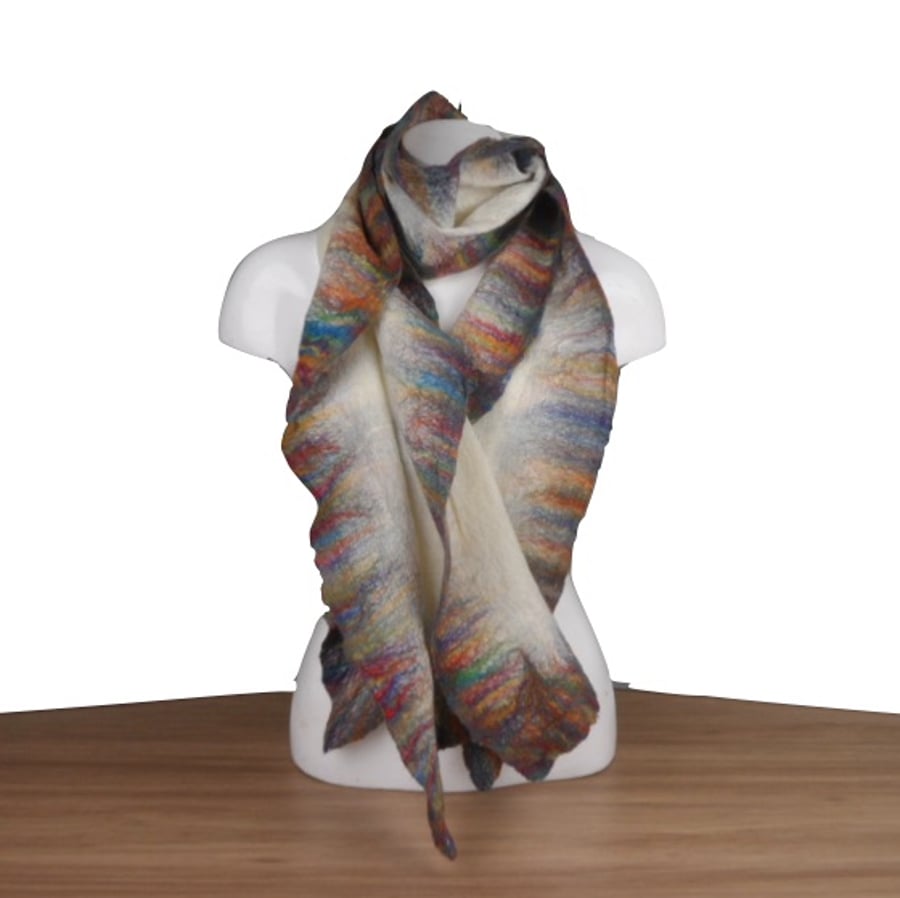 White, long nuno felted scarf with a ruffled rainbow border, gift boxed