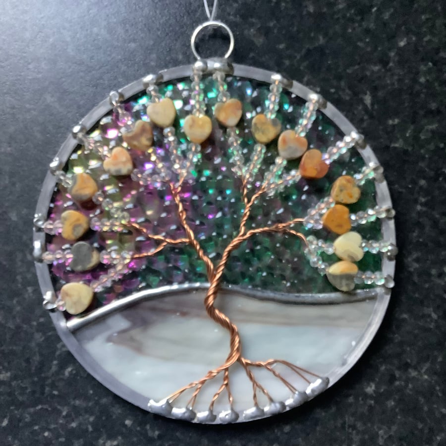 Agate heart bead tree of life suncatcher