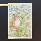 Little fox cub among the cow parsley, original postcard size drawing, wall art
