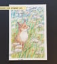 Little fox cub among the cow parsley, original postcard size drawing, wall art