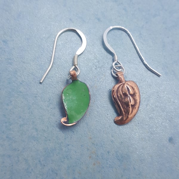 Copper leaves drop earrings with green enamel