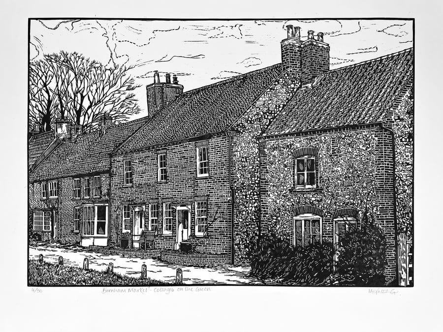 Cottages on the Green, Burnham Market- Limited Edition Linocut Print