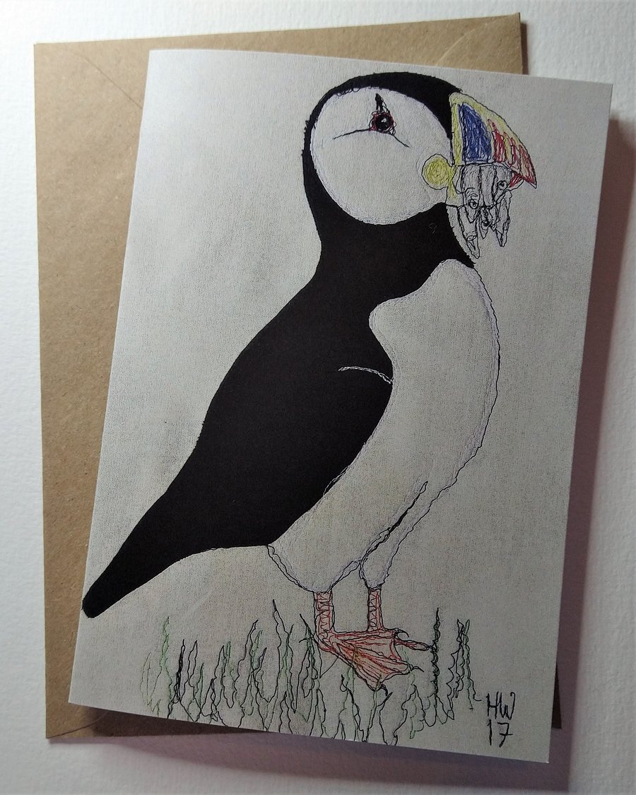Puffin Embroidered Portrait Greetings Card