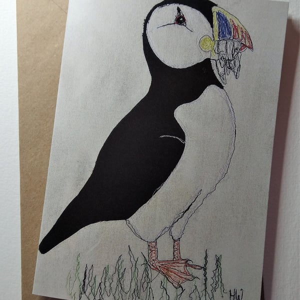 Puffin Embroidered Portrait Greetings Card