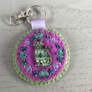 Hand Embroidered Cat Button Keyring or Bag Charm 