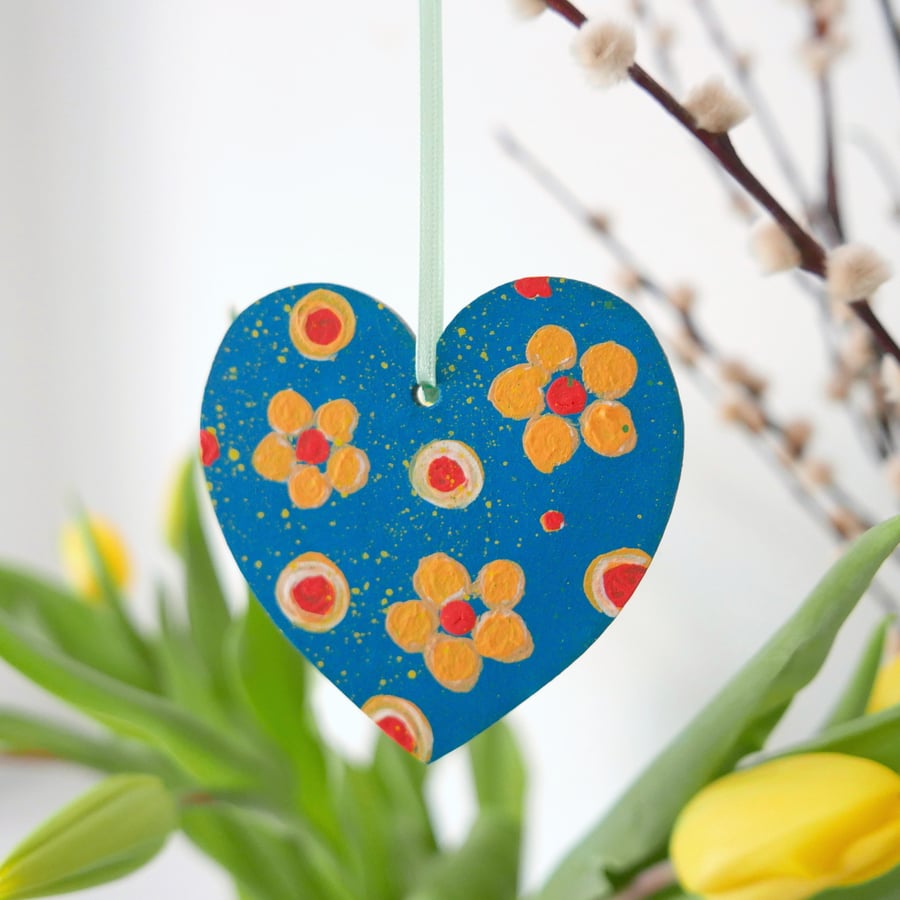 Teal Hanging Heart, Yellow Flowers, Spring Decoration, Valentine's Day Gift