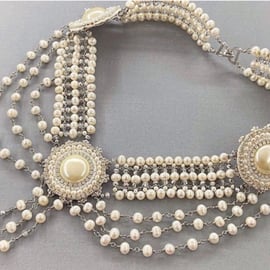 Ivory Cultured Pearl Vintage Style Cabochon 3 Row Drape Bridal Necklace