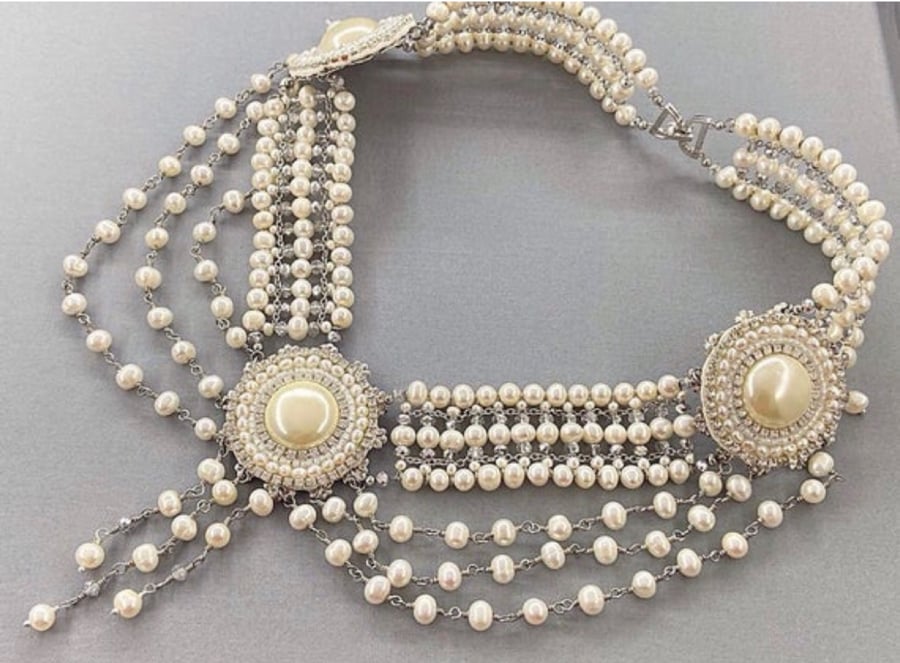 Ivory Cultured Pearl Vintage Style Cabochon 3 Row Drape Bridal Necklace