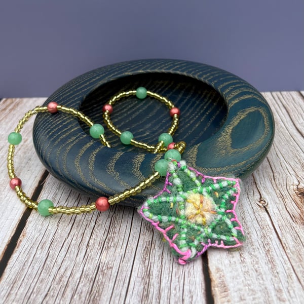 Bead and Felted Charm BoHo style Necklace - Green Star