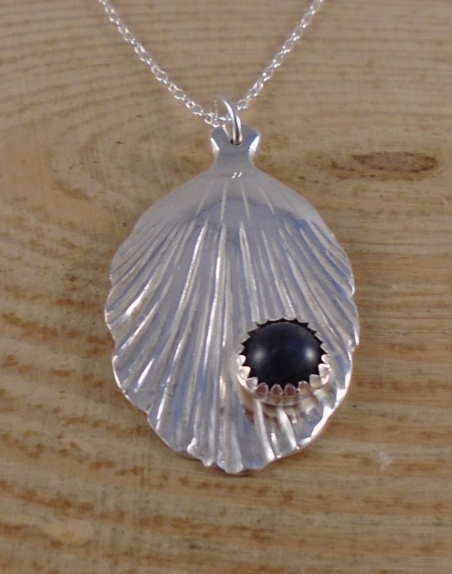 Sterling Silver Upcycled Sodalite Shell Spoon Necklace 