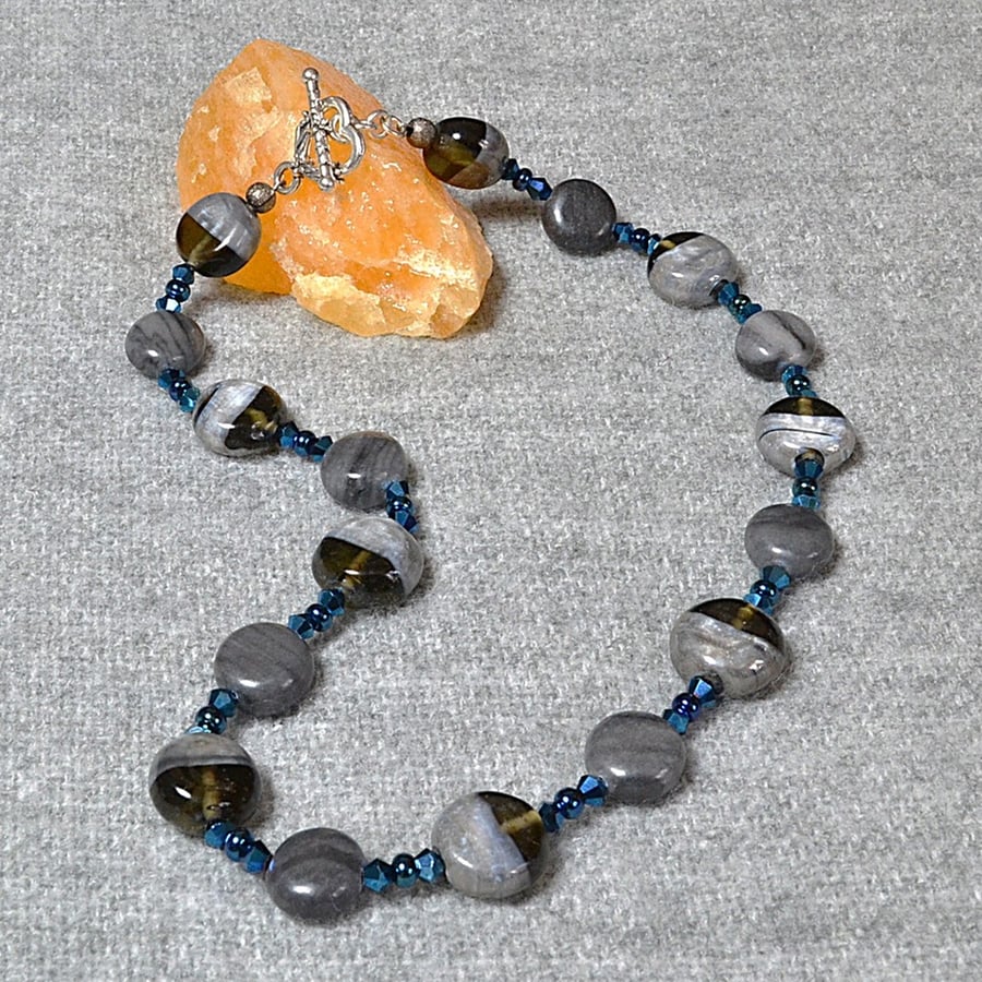 Grey Disc Bead and Blue Crystal and Seed Bead Collar-Fit Necklace