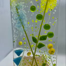Fused glass hand-painted panel in a solid wood stand