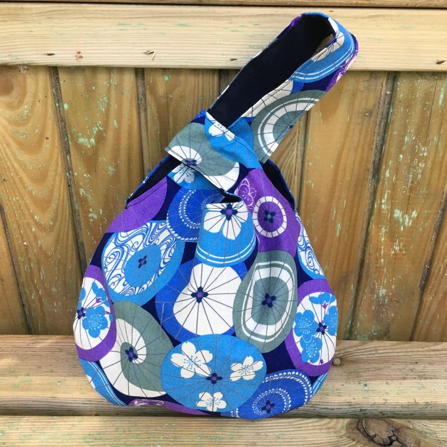 Small Reversible Japanese Knot Bag with Japanese Blue Parasols Fabric