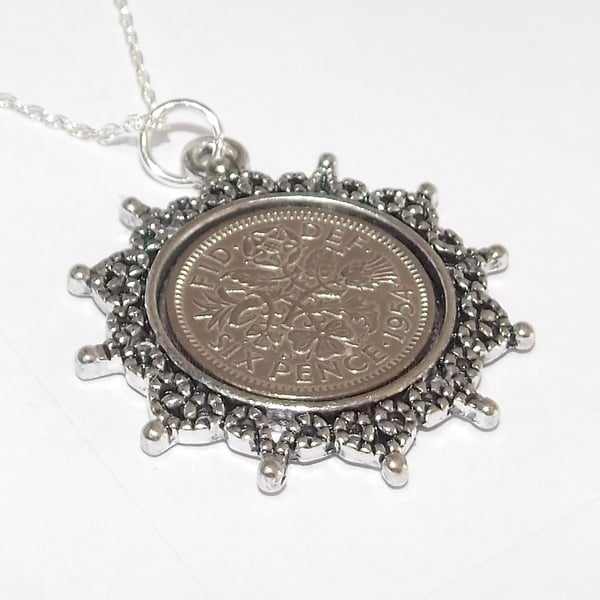 Star Pendant 1957 Lucky sixpence 64th Birthday plus a Sterling Silver 18in Chain