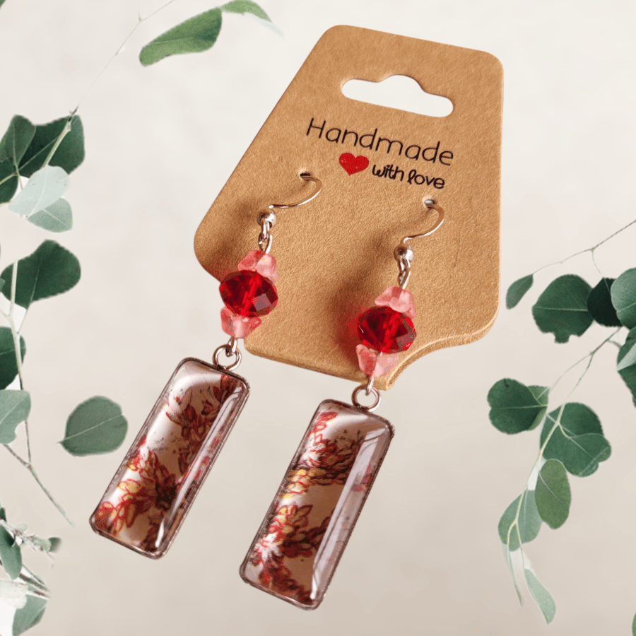 Upcycled Red Wild Flower Book Dangle Earrings 