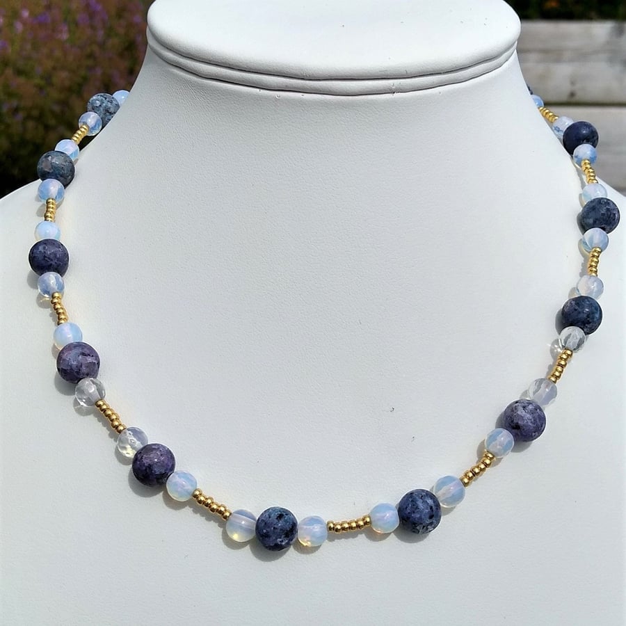 Opalite & Blue Jasper Beaded Necklace 18 Inch