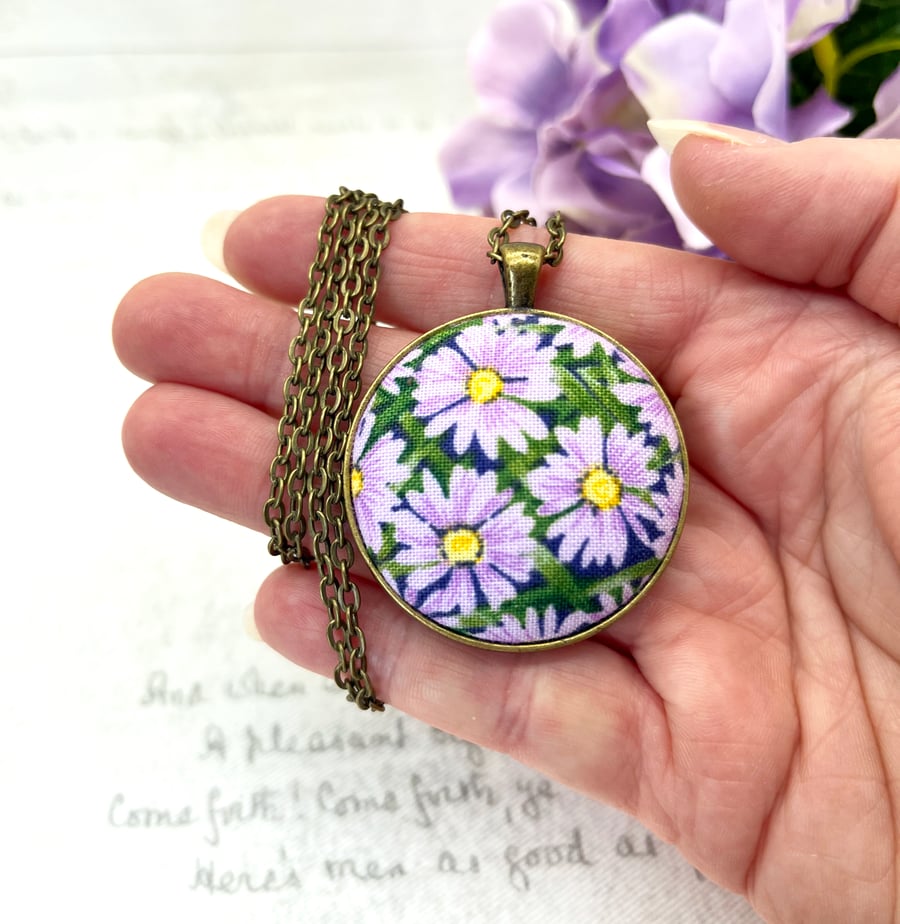 Lilac daisy pendant fabric button floral handmade jewellery gifts