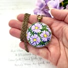Lilac daisy pendant fabric button floral handmade jewellery gifts