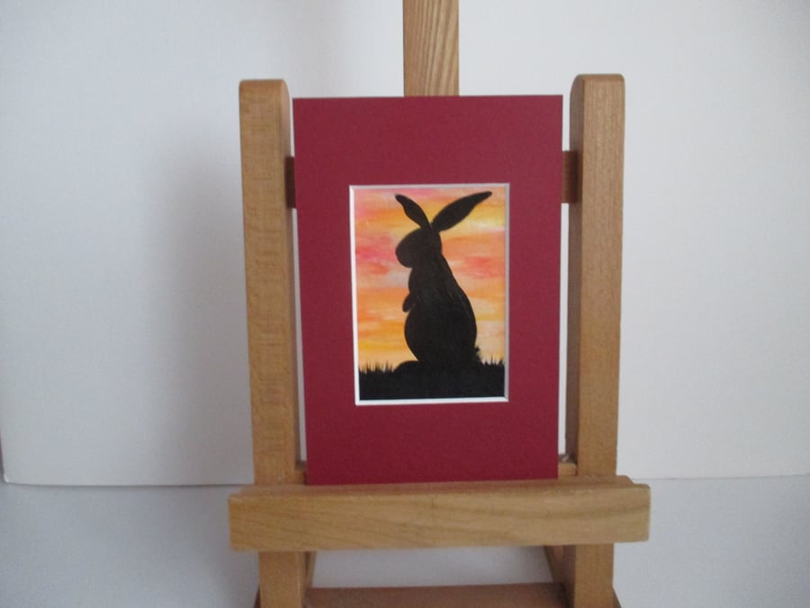 Bunny Rabbit ACEO painting Silhouette original art mounted ready to frame sunset