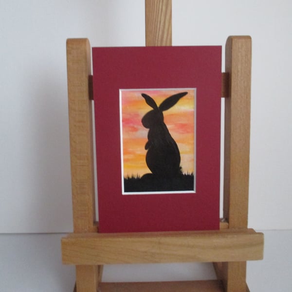 Bunny Rabbit ACEO painting Silhouette original art mounted ready to frame sunset