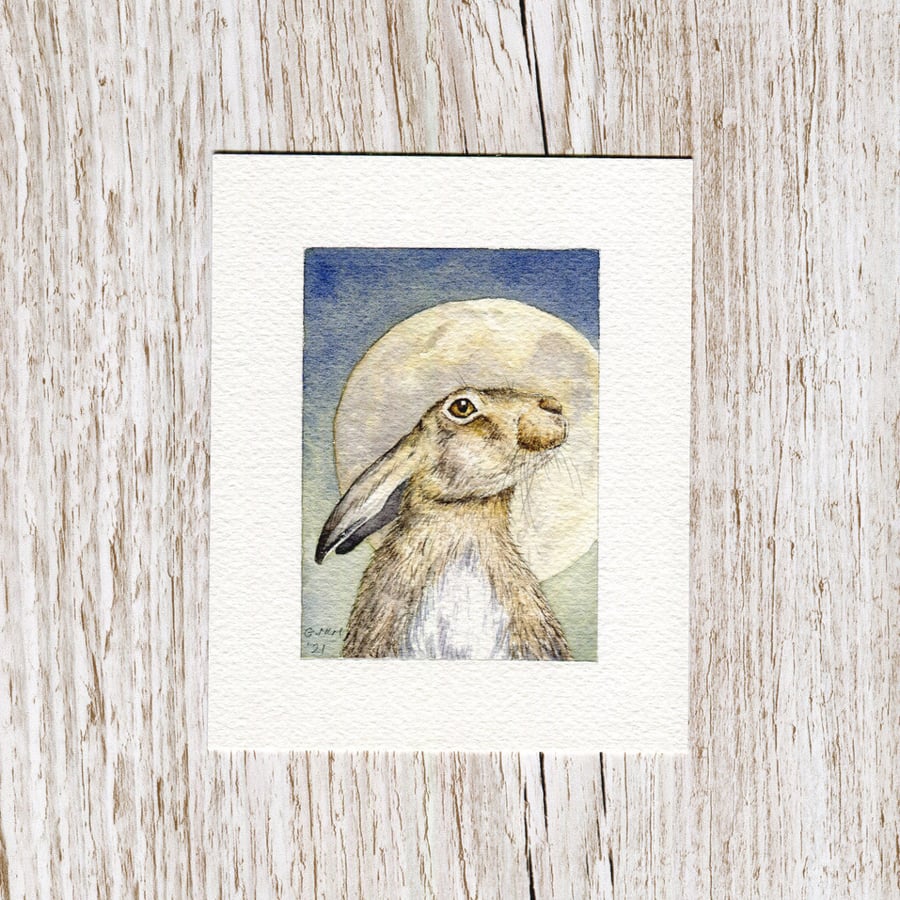 Original Watercolour Miniature painting - Moongazing Hare