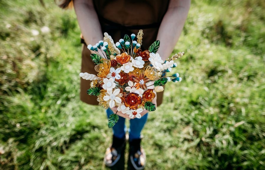 Prairie Flower Handcrafted Lampwork Glass Bouquet in a Beautiful Embossed Vase.