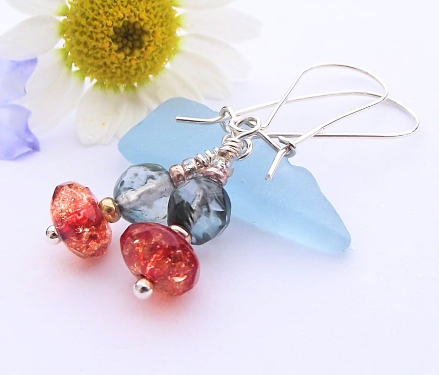 Orange and blue quartz earrings semi precious gemstones