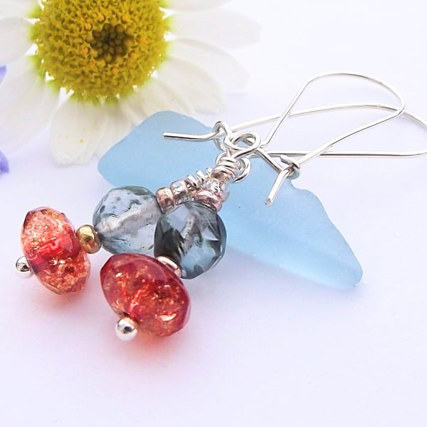 Orange and blue quartz earrings semi precious gemstones