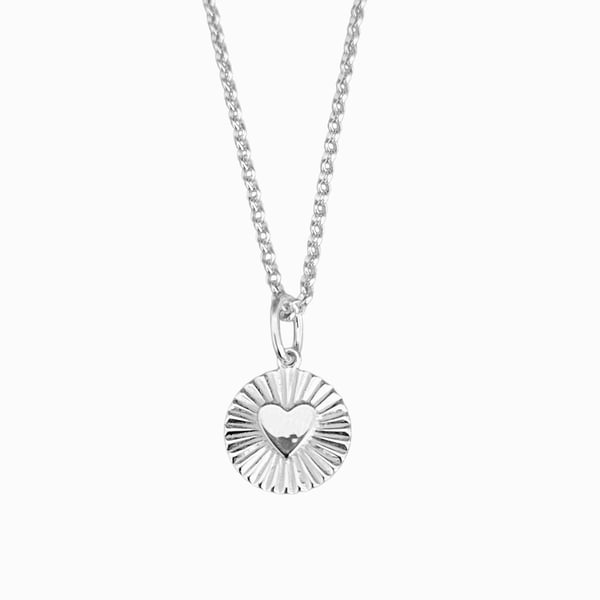 Sterling Silver Pendant Necklace Round Rays With Heart Charm Necklace 