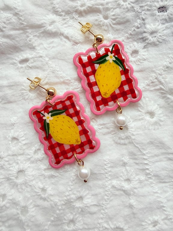 Red Gingham Fun Lemon Pearl Drop Earrings